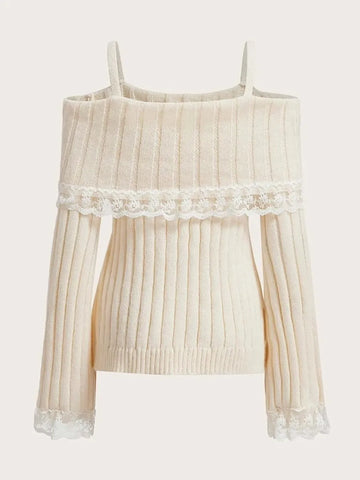 Getadme Women's Cold Shoulder Sweaters Long Sleeve Contrast Lace Knit Pullovers Bow Front Jumper Tops